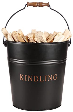 Matte Black Kindling Wood Storage Container Bucket for Fire Pits and Barbecues