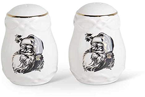 K&K Interiors - Set saliera e pepe in ceramica bianca, 3,75 cm, con decalcomania di Babbo Natale antico e nero