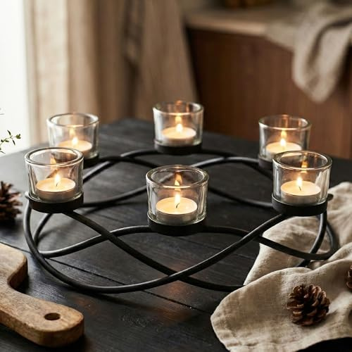 Seraphic Iron Oval Table Decor Centerpiece Decorations Candle Holder for Weddings, Outdoor Patio, Kitchen, Dining Room, and Coffee Tables, Glass Votive Tealight Holders, Black, 6 Clear Chunky Cups