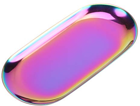 Deko Tablett Oval Serviertablett Kleines Dekotablett, Edelstahl Badezimmer Handtuch Organizer Aufbewahrungsschale Art Schmuck Kuchenplatte（18x8cm, Bunt）