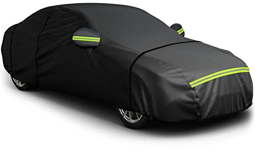 Favoto Sedan Car Cover Waterproof Breathable, Outdoor Full Car Cover Sun Rain Dust Snow All Weather Protection with Right Size Zipper, Universal Fit Sedan (177-194 Inches) Black Car Covers