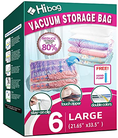6 Pack Vacuum Storage Bags for Clothes, Clothes Vacuum Bags Save 80% Space, Work with Vacuum Cleaner, Travel Hand Pump Included (6-Large)