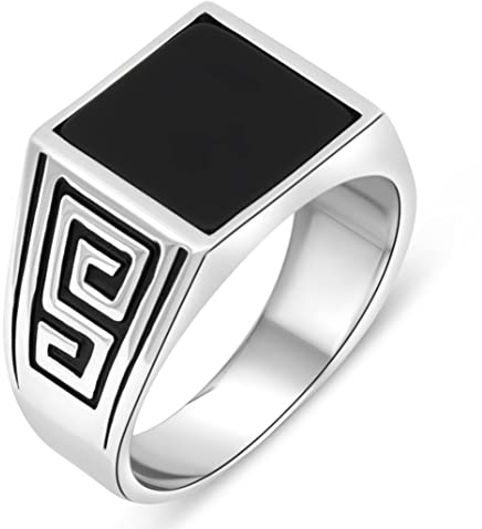 Tony Fein Siegelring Onyx Stein Schwarz mit griechischem Muster 925 Silber Rhodiniert Anlaufgeschützt für Herren 64 (20,4 mmØ)