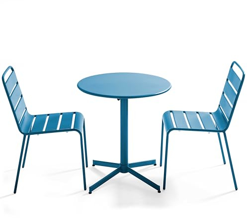 Oviala Palavas Gartenmöbel-Set, rund, mit 2 Stühlen, Metall, Blau Pacific