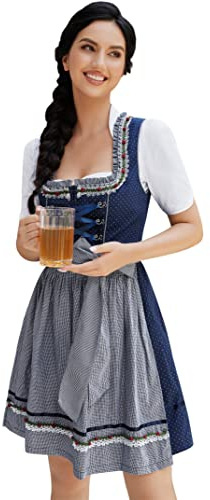 Clearlove Vestido de tirolesa para mujer, 3 piezas, para Oktoberfest, carnaval, tres piezas: vestido, blusa, delantal (embalaje múltiple), Puntos azules y blancos, 40