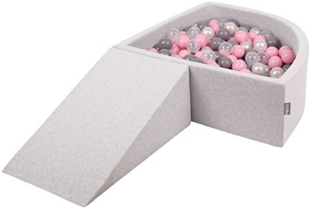 KiddyMoon Parque Infantil De Espuma con Triángulo Piscina De Bolas (100 Bolas) para Niños, Gris Claro: Perla/Gris/Transparente/Rosa Clr