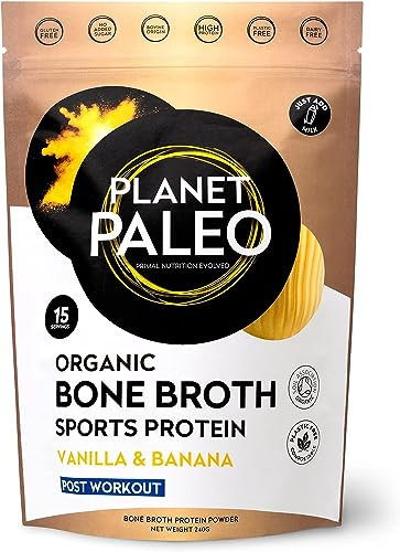 Planet Paleo Organic Bone Broth Sports Protein Powder (240g, 15 Servings) Vanilla & Banana, Grass-Fed, Collagen, High Protein Post-Workout Recovery Drink