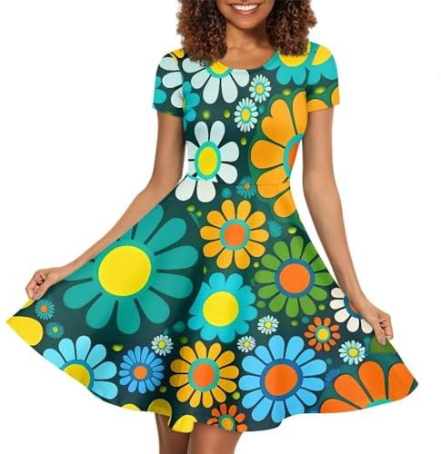 ENLACHIC Damen Sommer Kurzarm Sonnenblume Print Casual T Shirt Flowy Swing Kleider, Bunte Hippie-Blume, Groß