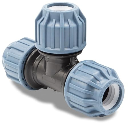 Baumaxxe Conector en T compresión 25 mm PP PN16 - bm316 | Racor 3 vías para tubo PE 25 mm, riego de jardín, piscina y estanque.
