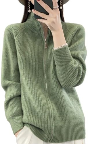 Merinoull cardigan för kvinnor, ribbad stickad cardigan öppen framsida hel dragkedja damtröja kappa höst vinter mjuk varm stickad jacka jumper ytterkläder sweatshirt kappa, gRÖN, M