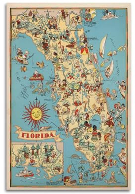 GELS Amerika Retro Karte Poster 1930 Florida State Dekorative Malerei Leinwand Kunst Bild 50 x 75 cm
