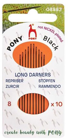 Pony - Pony Black Long Darners Acabado Mate (No. 8) Agujas de Coser a Mano con Ojo Negro - 10 Agujas