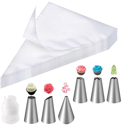 soodyoow 100 Piezas Mangas Pasteleras, Bolsas de Pastelería Mangas con 6 Boquillas Y 1 Convertidor, Mangas Pasteleras Desechables para Decoración de Cupcakes, Pastelería, Dulces, Tartas