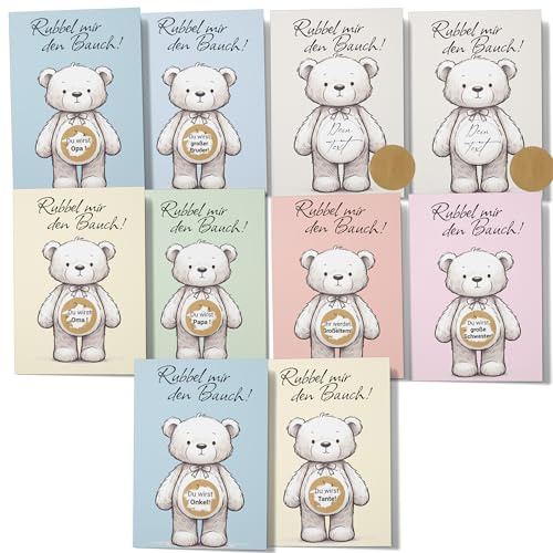 12 Rubbelkarten zur Schwangerschafts-Ankündigung | Set mit 12 Kraftpapier-Umschlägen, komplett und selbst beschriften, mit Kratzfilm für Baby Ankündigung | gold