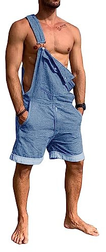 Runcati Tuta da uomo in denim, estiva, regolabile, casual, casual, vestibilità ampia, Blu, L