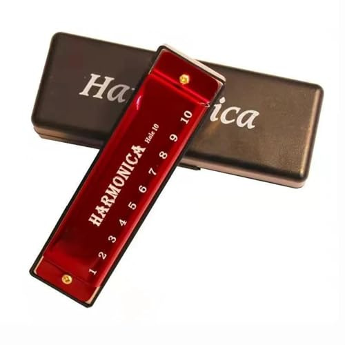 Mundharmonika Set 10 loch C Mundharmonika Musical Set Edelstahl Holzblasinstrument Mundharmonika(Red)