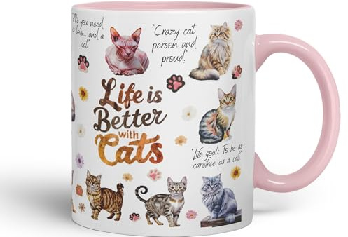 Vixar Life is better with Cats skämt husdjur kattungar keramisk färgad mugg kopp för te kaffe varm bryggning 330 ml 325 ml gåva (rosa)