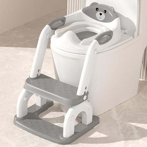 Grismire Sedile WC per bambini, pieghevole, con scaletta regolabile in altezza, cuscino in poliuretano con paraspruzzi, antiscivolo, 2 in 1, colore: grigio