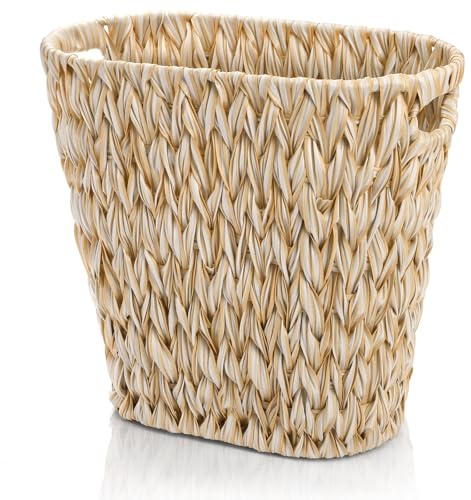 Pumtus Woven Trash Can, Plastic Handwoven Waste Basket with Built-in Handles, Bathroom Garbage Storage Container, Decorative Boho Rubbish Bin for Bedroom, Office, Kitchen, Laundry, Utility Room