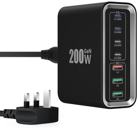 USB C Fast Charger Plug, 200W GaN 7-Ports Fast Charging Station Hub Mutil Wall Plug with PD 65W Laptop Charger+18W QC Power Desktop Charger for iPhone 16/15/14 13, MacBook, iPads,Steam Deck, Samsung