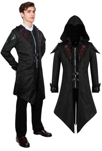 YORDET Men's Medieval Jacket with Hood Gothic Coat Victorian Tailcoat | Assassin Role, Halloween Party Carnival Cosplay Costume