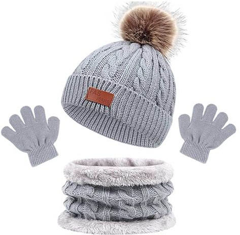 NaLatia 3 en 1 Bonnet Enfant Fille, Tricoté Tour de Cou Chaud avec Doublure, Bonnet Enfant Hiver Tricoté Tour de Cou Chaud, Ensemble Bonnet Echarpe Enfant, Ensemble Set Pour Garcon Enfants (1-5ans)