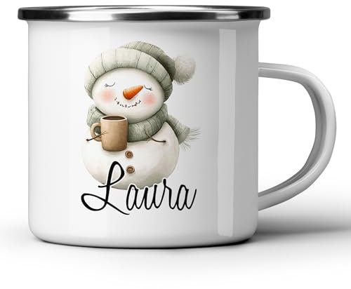 GRAZDesign Weihnachtstasse Emaille mit Namen personalisiert - Motiv Schneemann - Trinkbecher Kinder bruchsicher 300ml