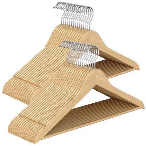 SONGMICS Grucce Appendiabiti Legno, 30 Pezzi, Appendini, Salvaspazio, Scanalature su Spalle, Gancio Girevole a 360°, Legno di Betulla, per Pantaloni Giacche, Beige Naturale CRW030K01