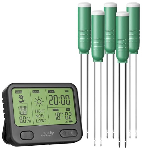Royal Gardineer Pflanzen Sensor: 4in1-Funk-Boden-Feuchtigkeitsmesser-Set mit 5 Sensoren, innen & außen (Feuchtigkeitsmesser Blumen, Kabelloser, Topf)