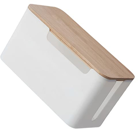BRIGHTFUFU Kabelaufbewahrungsbox zur Kabelorganisation und Steckdosenschutz mit Deckel aus Bambus und Hips in Weiß Platzsparender Kabelorganisator für Schlafzimmer und Wohnräume