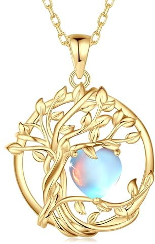 FANCIME Collier Pendentif Arbre de Vie Femme, Pendentif Arbre Plaqué Or 14K avec Pierres de Lune, Bijou Cadeau Anniversaire pour Elle, Longueur de Chaîne : 40+5 cm