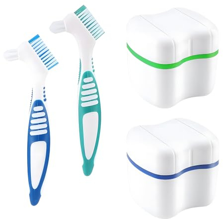 2X Boîte de dentier avec passoire, bain de trempage double couche. Rangement pour gouttière, appareil orthodontique. Portative, étanche, idéale voyage