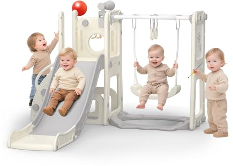 Hominewti Tobogán Infantil 8 en 1 con Columpio, Estructura de Escalada, Almacenamiento y aro de Baloncesto. Tobogán Independiente para Interior y Exterior, Gris