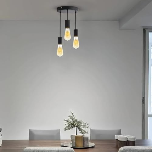 MSC Industrial 3 Pendant Ceiling Light - Includes 3 LED Bulbs – Modern Black Hanging Ceiling Lights with E27 Base, Vintage Multi-Level Lamp Holders for Living Room, Bedroom, Kitchen, Hallway
