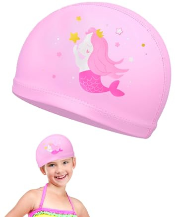 Kids Swimming Cap for Girls, Pink Swimming Hats Kids Age 6-14 Years, Stretchable Pu Material, Comfortable Fit for Childrens with Long Hair, for Pool and Water Activities.