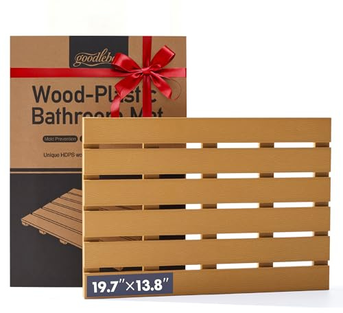 GOODLEBEN Bamboo-Design Bath Mat, Heavy Duty HDPS Plastic, 19.7 x 13.8, 400lb Support, 100% Waterproof & Fadeproof, Superior to Real Bamboo for Bathroom Spa Sauna Poolside Outdoor (Bamboo Color)
