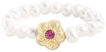 Einzelstück® Pearl Anxiety Ring, Anti-Stress Ring aus wasserfesten Perlen, Eleganter Damenring mit echten Süßwasser-Perlen mit 925 Silber Blume 14K Gold, Geschenke für Damen, Anxiety, Fidget (52)