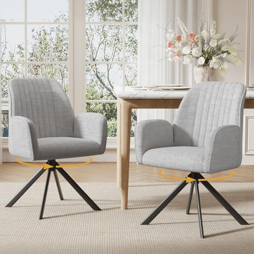 Ckaff Set di 2 Sedie Sala da Pranzo Girevole 360°, Sedia da Pranzo Imbottita, Sedie da Cucina in Tessuto di Ciniglia con Gambe in Metallo per Sala da Pranzo Soggiorno Ufficio, Grigio chiaro