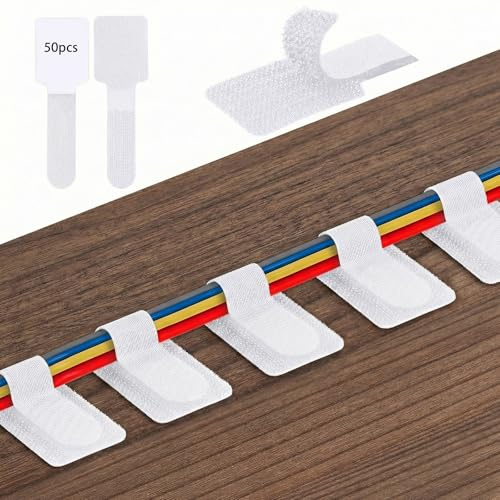 50 Stück Kabelmanagement Schreibtisch, 3 x 9cm Verstellbarer Kabelbinder | Kabelklemmen Klettband Kabel Organizer für Ladekabeln Nachttisch Büro (Weiß)