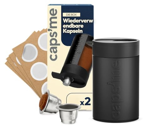 CAPSME - Kit Capsules Réutilisables Rechargeables Compatibles avec Nespresso Original, (2 Dosettes en Inox + 48 Couvercle Opercules en Papier)
