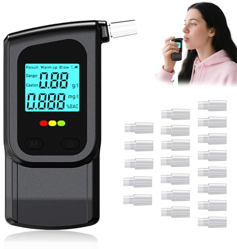 RUTIDA Breathalyzer Alcohol Tester with 20 Mouthpieces, Professional Breathalysers Portable Alcohol Breath Tester with Dual Sensor and Digital Blue LCD Display