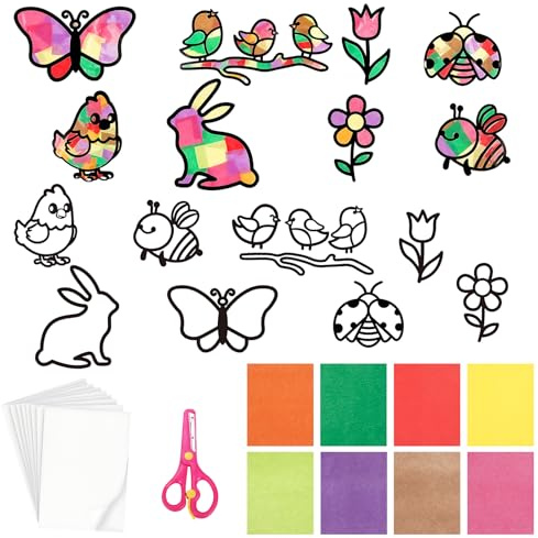 22 Stück Basteln Frühling Ostern Kinder, Ostern Basteln Kinder | Fensterbilder Frühling Bastelset,inclut Fleurs,Oiseaux,Lapins,Abeilles,Papillons,Frühlingsdeko Fenster Ostern,Buntglaseffekt