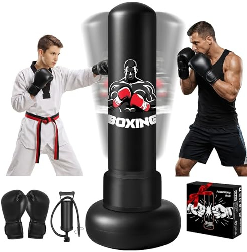 Oziral Boxsack Erwachsene 180cm Aufblasbarer Standboxsack mit Boxhandschuhen Pumpe Boxing Bag Punching Bag PVC-Material Box Sack für Erwachsene und Teenager für Karate Kickboxen Taekwondo Schwarz