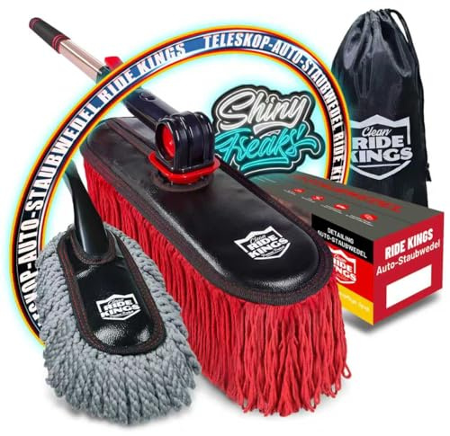 Clean RIDE KINGS Premium Products Auto Staubwedel Außen Kratzfest, Auto Bürste mit Teleskopstiel zur Staubentfernung, Reinigungspinsel für LKW, Wohnmobil und Motorrad, Großer Mopp-Kopf aus Baumwolle | Baumwoll-Mopp (nicht waschbar) für Lack & waschbare Mikrofaser-Bürste für Cockpit. Inkl. Tasche.