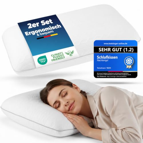Nattängel, ergonomisk kudde 40 x 60 av minnesskum med nackstöd – ortopedisk kudde, nackkudde, rygg-, mag- och sidosovkudde, sovkudde, vit Oeko-TEX 14 cm, höjd set om 2