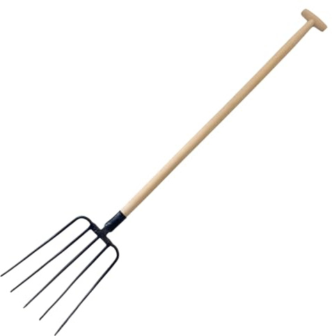 pokm toolsmarket - 5 Zinken Mistgabel mit T-Griff & Holzstiel 115 cm – Stabiler Stahl-Gabelkopf Stiel aus Buchenholz, geschweißt & lackiert, Dunggabel für Mist, Heu und Kompost