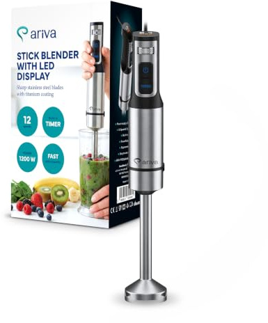 ARIVA Stabmixer 1200W Edelstahl – Handmixer mit LED-Display & Timer, Titan-beschichtete Klingen, 12 Geschwindigkeitsstufen + Turbo-Funktion, Ergonomischer Pürierstab für Smoothies, Suppen & Babynahrun