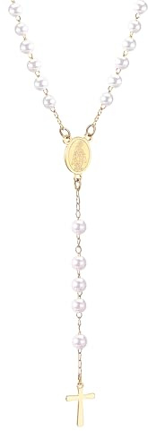 Collar de rosario religioso de plata de ley 925 para mujeres y hombres - Rosarios católicos escapularios largos Collares con colgante de cuentas para hombre