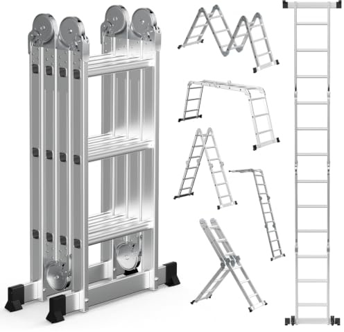 Monucep Multifunktionsstege 4 x 3 steg 356 cm, 7-i-1 aluminium multifunktionsstege upp till 150 kg, vikstege ledbelysning mångsidig stege hushållsstege