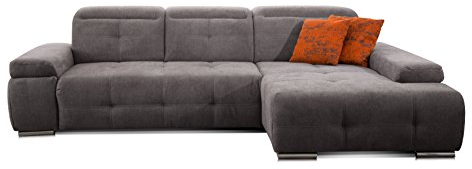 CAVADORE Ecksofa Mistrel mit Longchair XL rechts / Große Eck-Couch im modernen Design / Inkl. verstellbaren Kopfteilen / Wellenunterfederung / 273 x 77 x 173 / Kati Fango